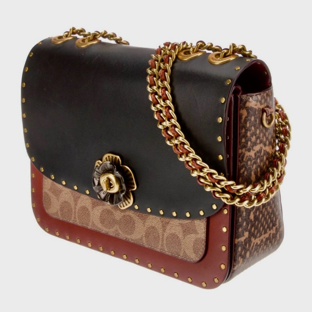 COACH MADISON SHOULDER BAG SIGNATURE CANVAS RIVETS AND SNAKESKIN DETAIL - Picture 3 of 10